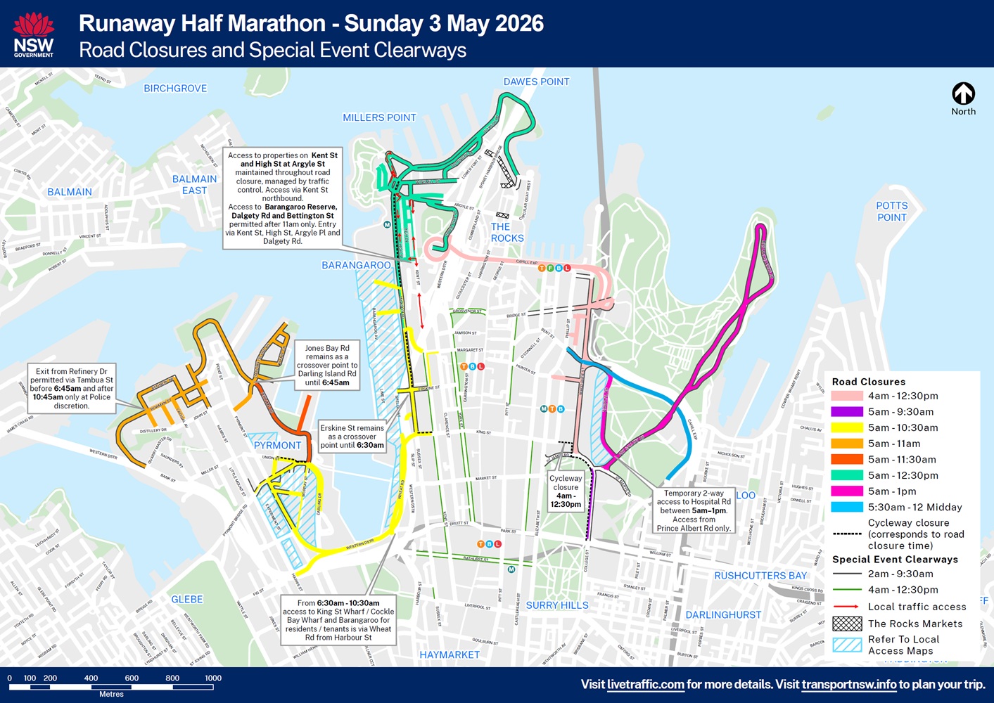Runaway Sydney Half Marathon road closures and clearways map